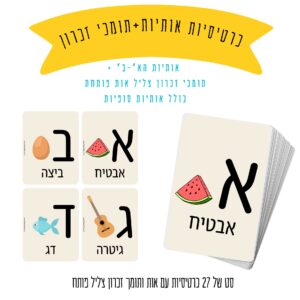 כרטיסיות אותיות הא’-ב’ להדפסה (עם תומכי זכרון צליל אות פותחת כולל אותיות סופיות)